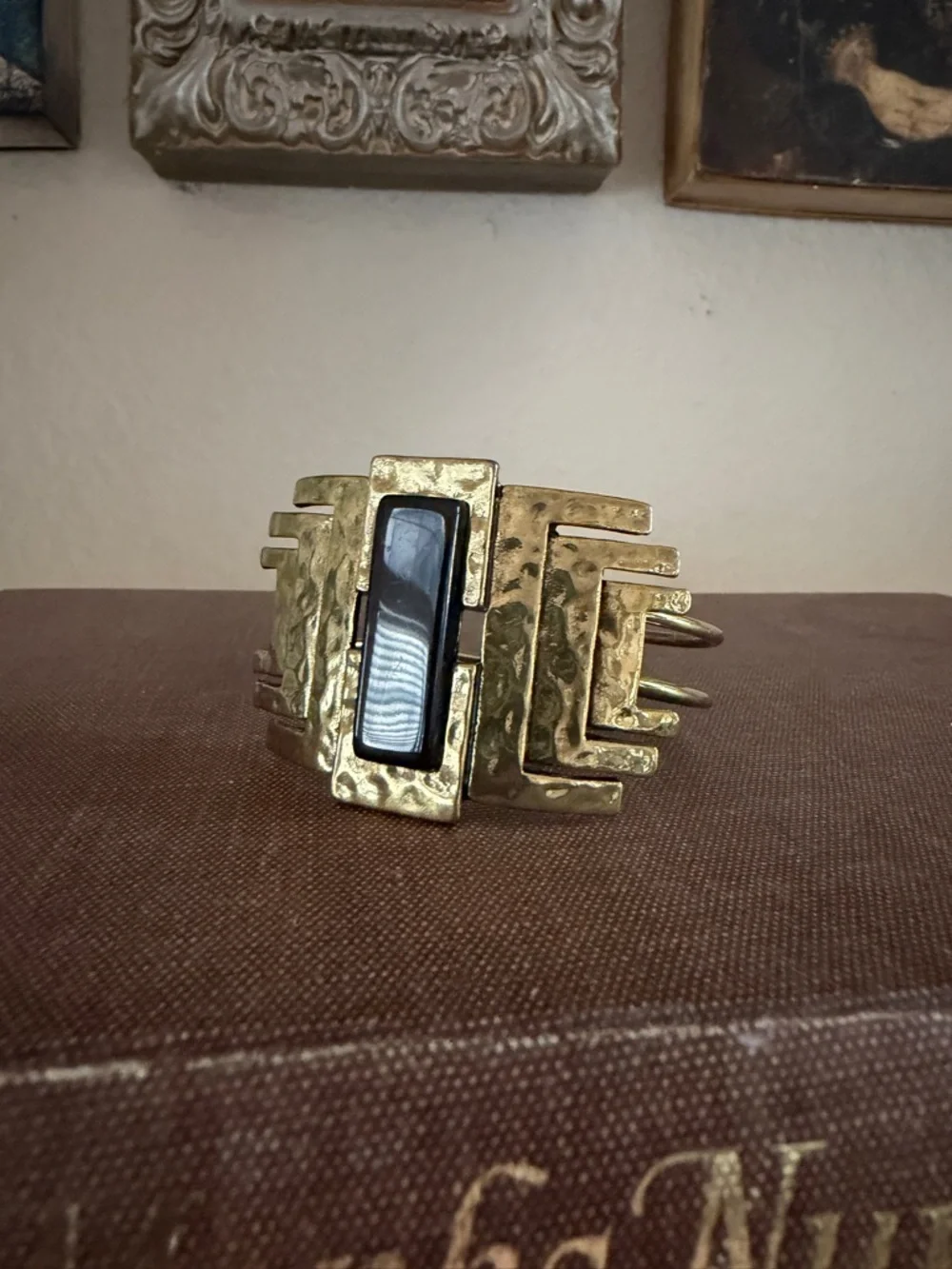 Vintage Modern Geometric‎ Gold-Tone Black Enamel Bracelet